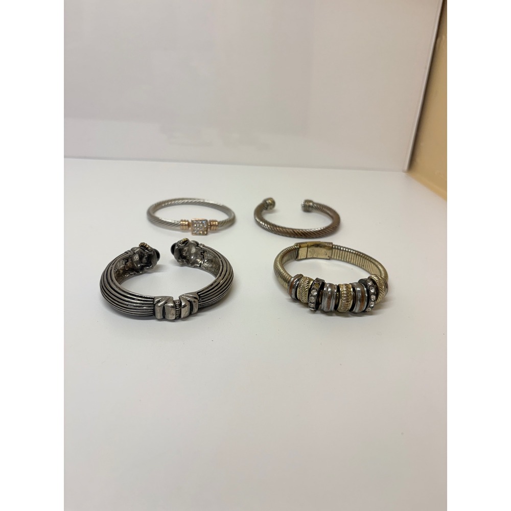 Mixed Metal Bracelet Lot 4pc Twisted Cable Cuff Rhinestone Stretch Bangle Set